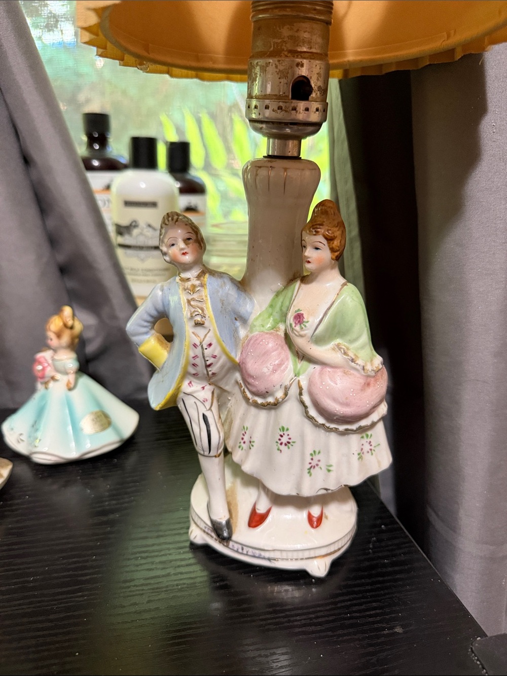 Antique Porcelain Victorian Couple Lamp Figurine in Pink, Green and Blue